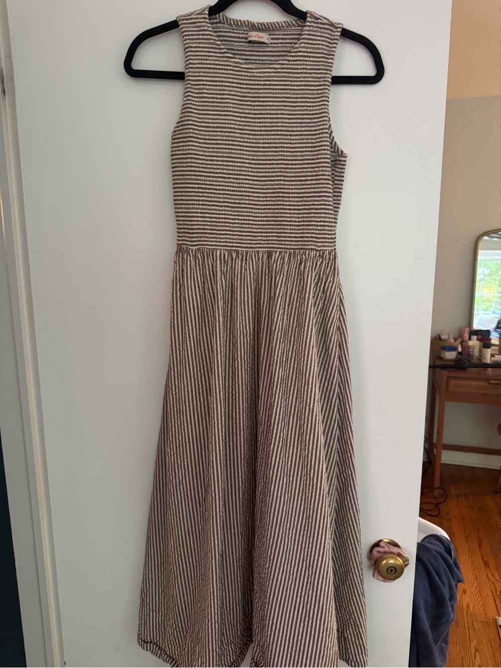 Marine Layer Beige Striped Smocked Halter Midi Dress - Picture 2 of 2